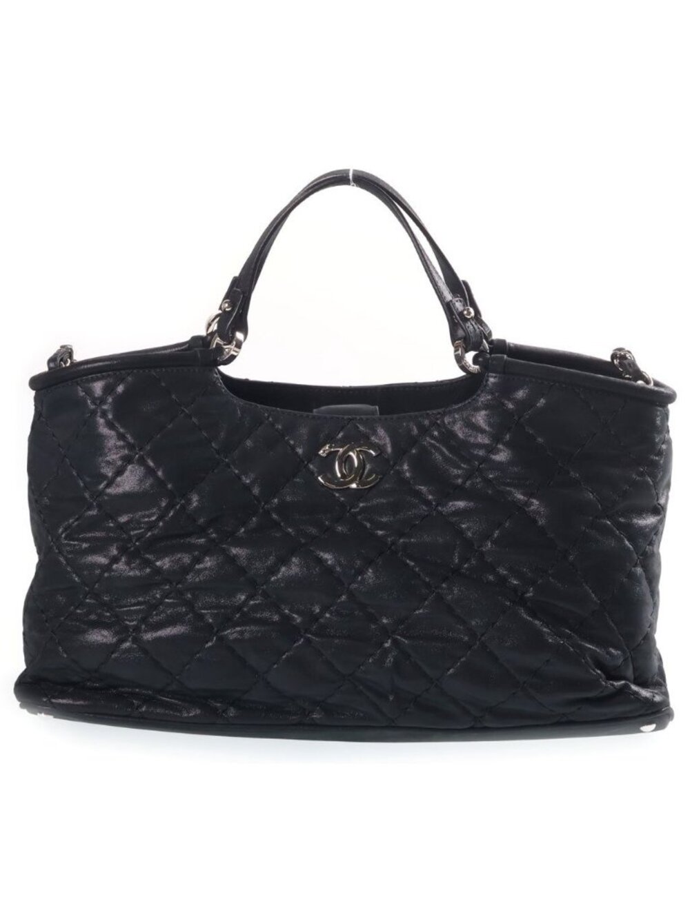 Chanel Wild Stitch Chain Shoulder Bag Black Leather Silver